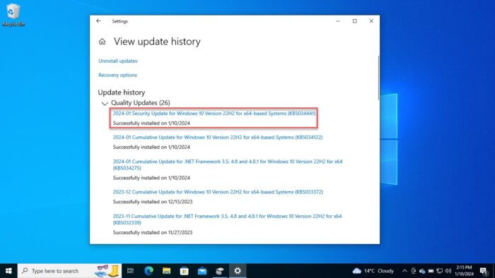Microsoft Patches BitLocker Bypass Vulnerability With KB5034441 For Windows 10; Fails To Install With Error Code 0x80070643 15 KB5034441 successfully installed