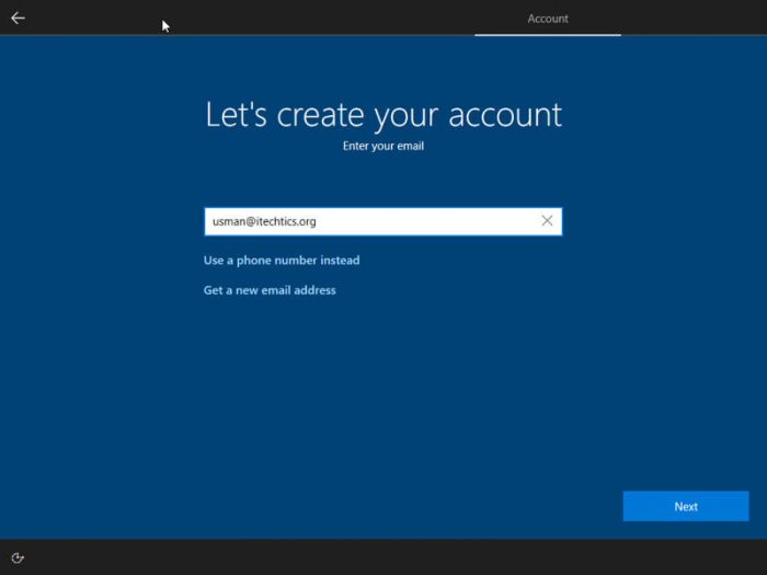 Lets create your account Next