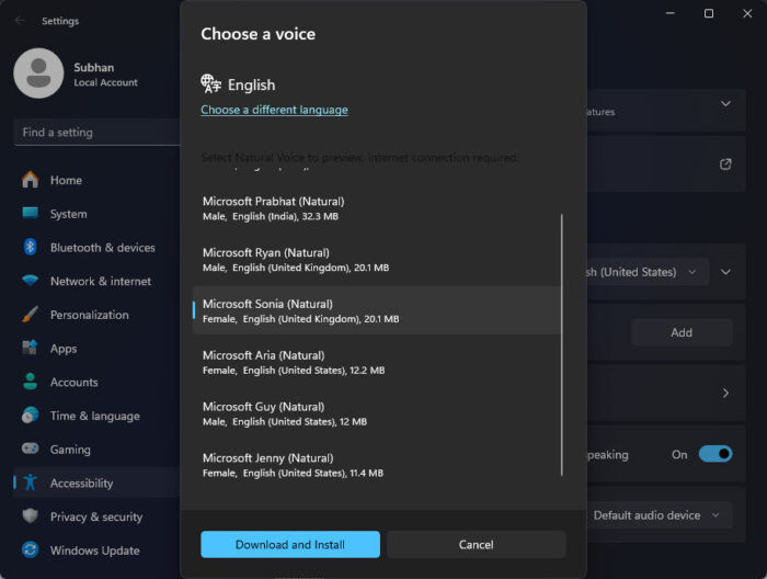 Listen to preview of natural voices for Narrator