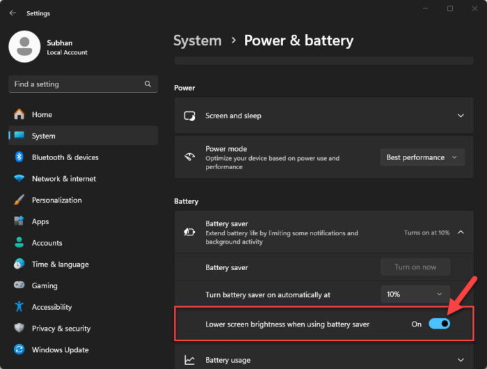Lower screen brightness automatically when battery saver is enabled