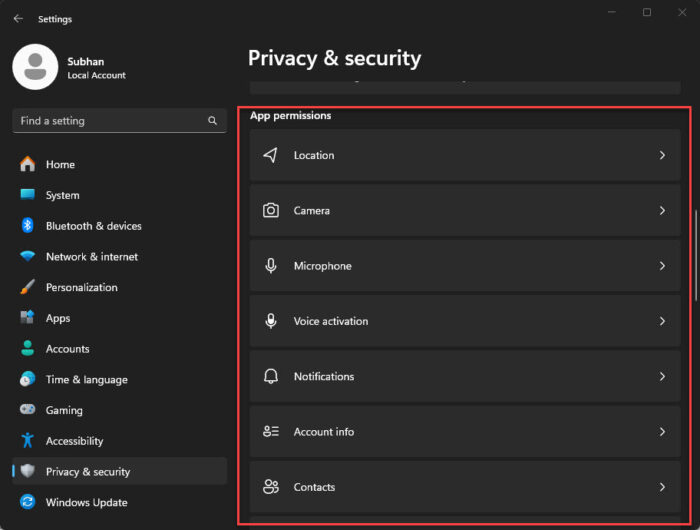 Manage app permissions from Windows Settings