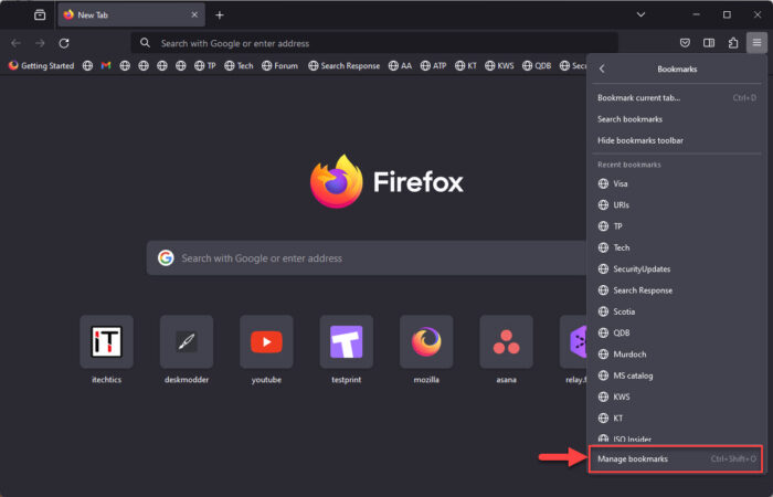 Manage bookmarks in Firefox