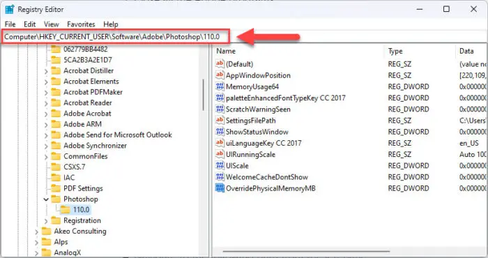Navigate to the Adobe app Registry folder