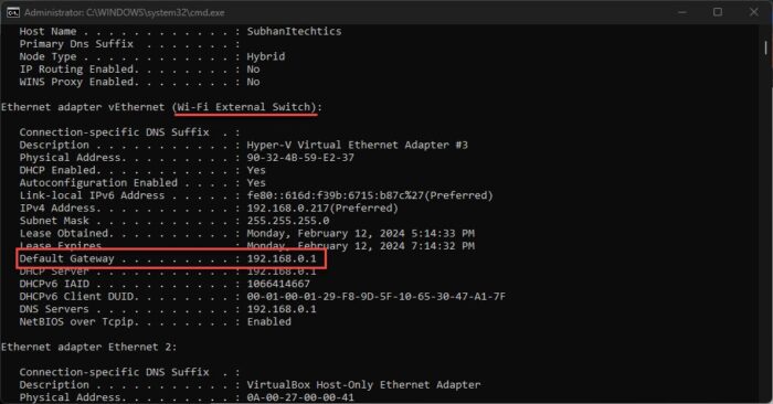 Note down the default gateway