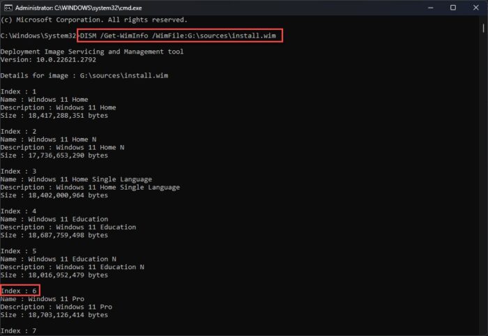 Note down the index number for your OS edition