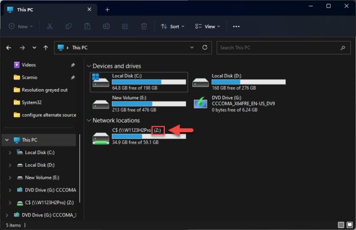 Note the assigned drive letter for mapped drive