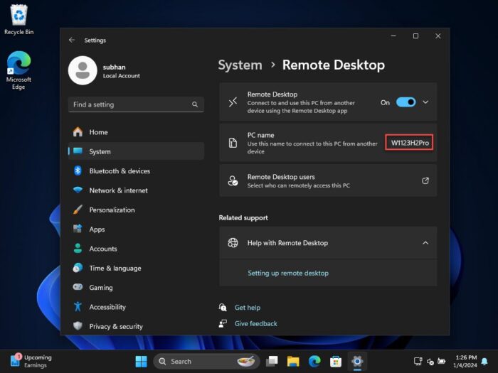 Note the PC name