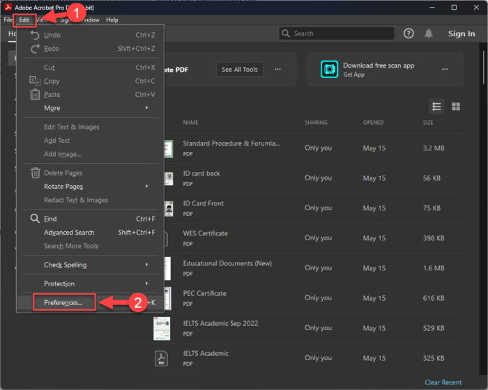 Open Adobe Acrobat preferences