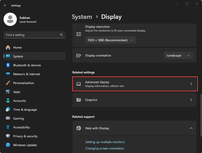 Open Advanced display settings