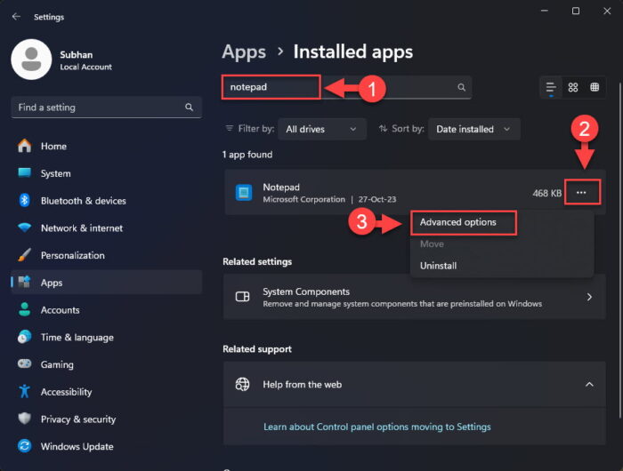 Open advanced options for the app 1