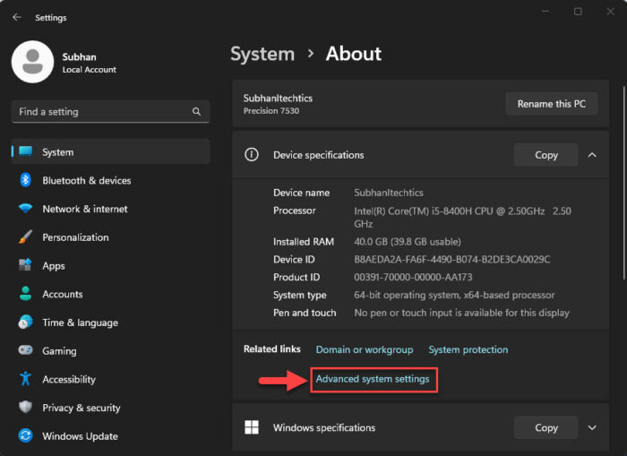 Open Advanced system settings