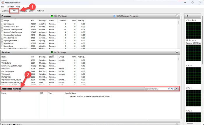 Open Associated Handles in Resource Monitor