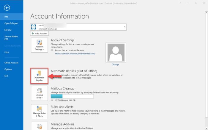 Open automatic replies setting in Outlook app