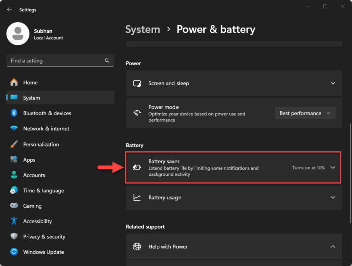 Open Battery saver settings
