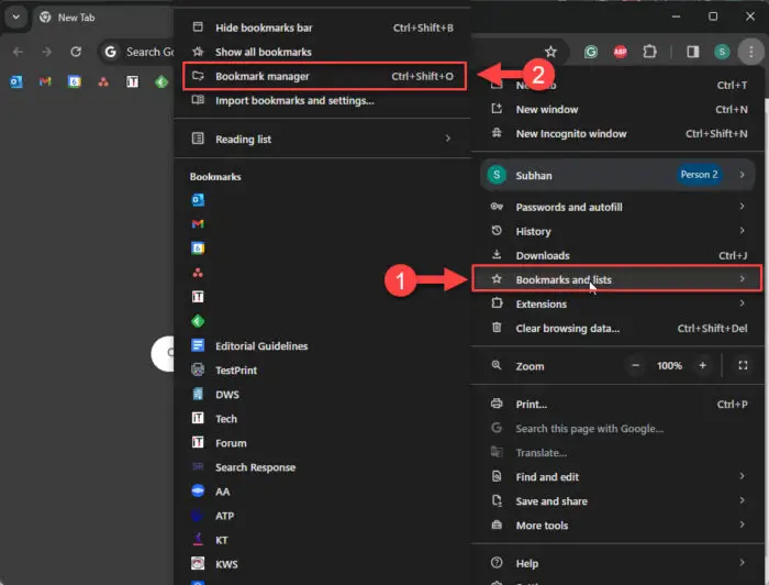 Open bookmark manager in Chrome
