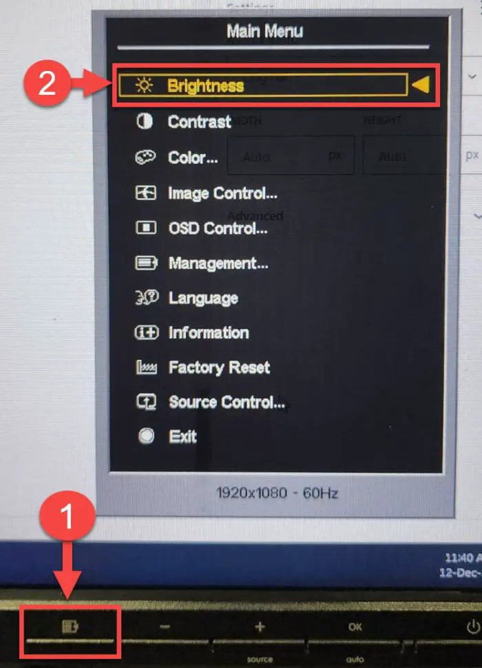 Open brightness settings from the OSD menu
