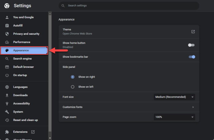 Open Chromes appearance settings