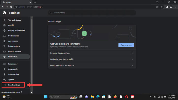 Open Chromes reset settings