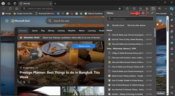 Open clear browsing data settings in Microsoft Edge
