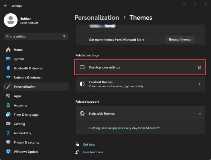 Open Desktop icon settings