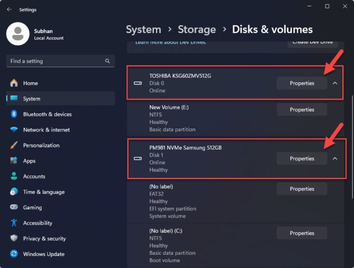 Open disk properties