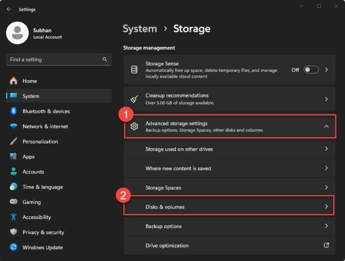 Open Disks volumes settings