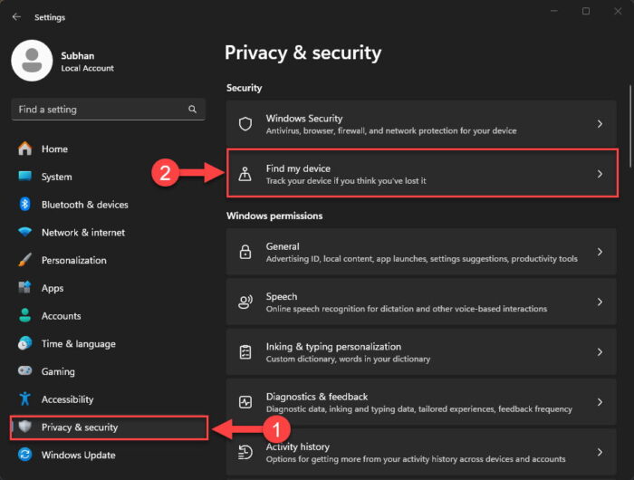 Open Find My Device Settings