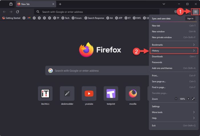 Open history menu in Firefox