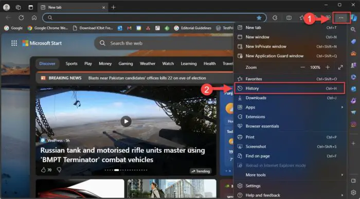 Open history settings in Microsoft Edge