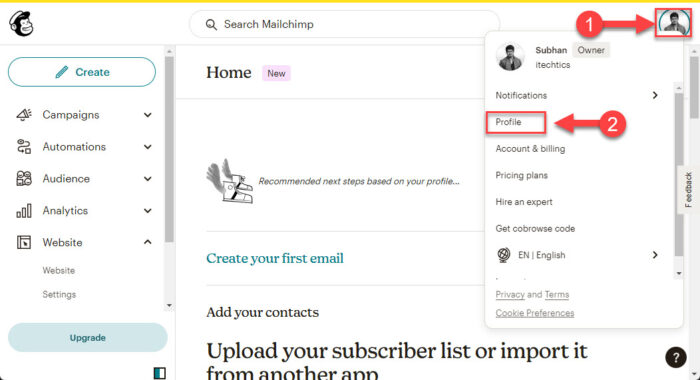 Open MailChimp profile
