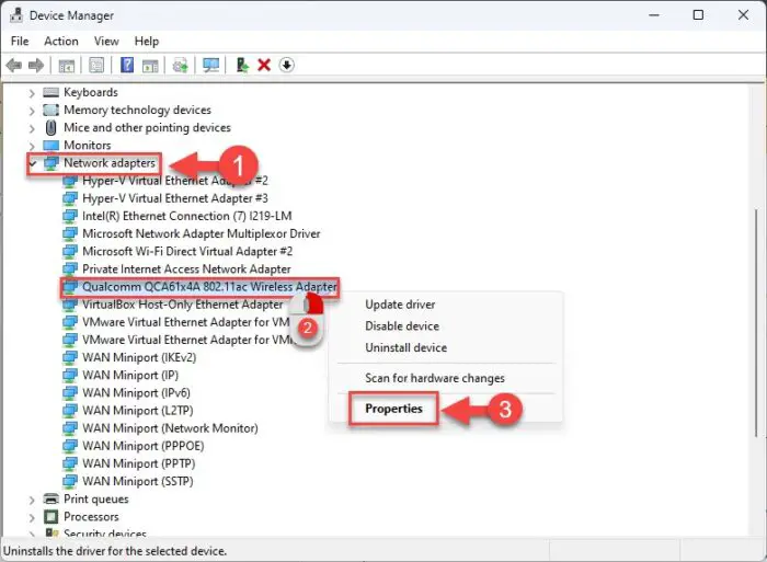 Open network adapter properties