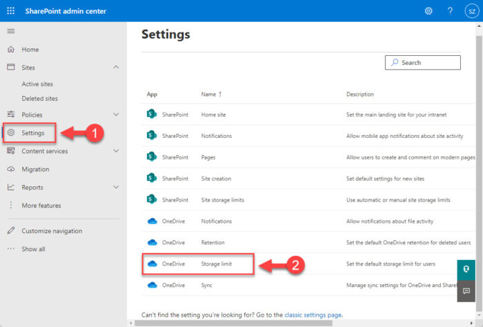Open OneDrive storage limit settings