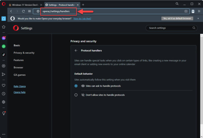 Open Opera handler settings