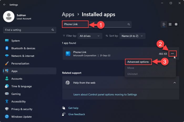Open Phone Link advanced options