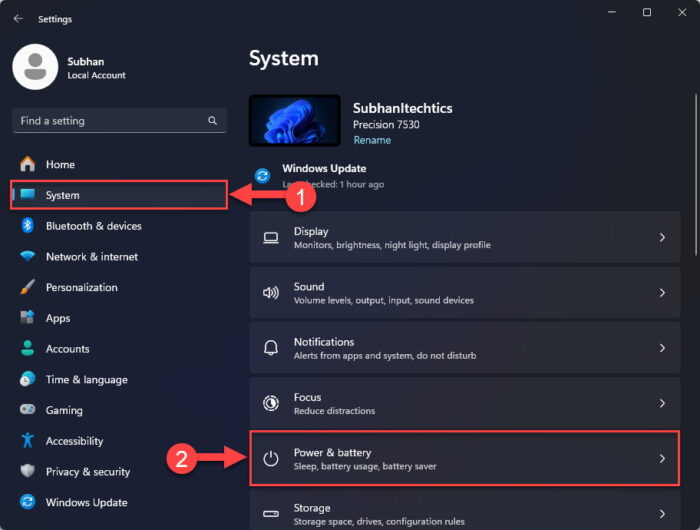 Open Power and battery settings