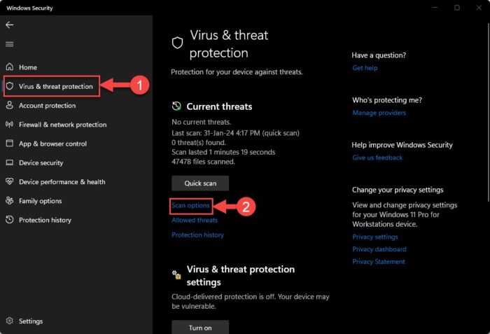 Open scan options in Windows Security