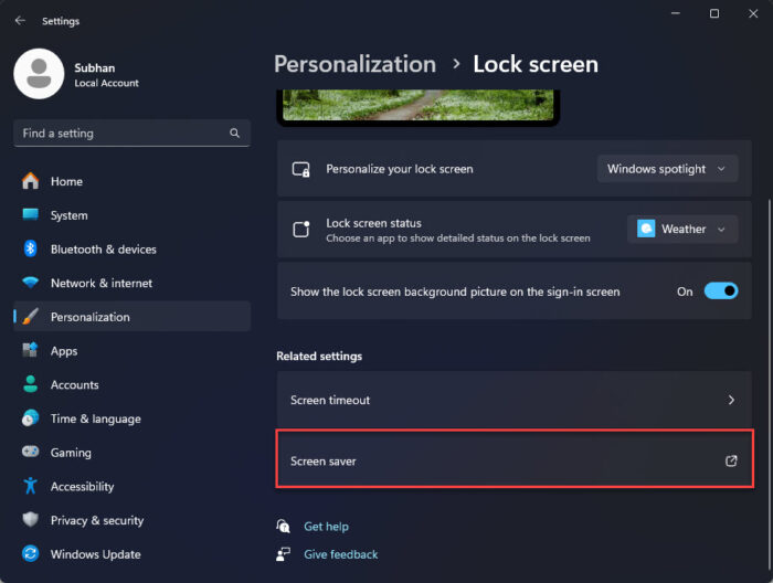 Open Screen Saver settings