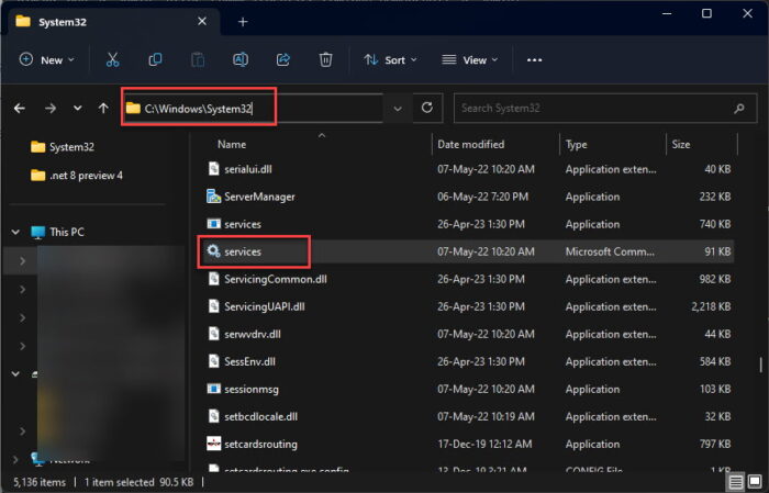 Open Services msc using File Explorer