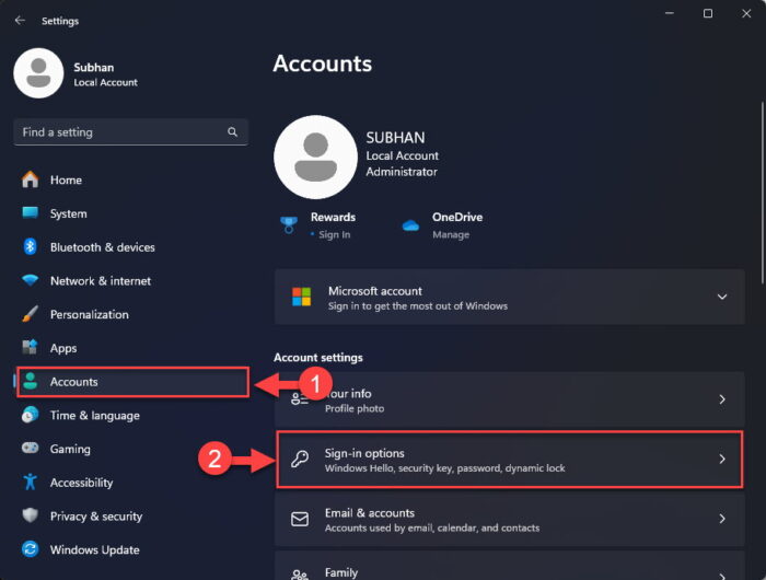 Open sign in options settings page