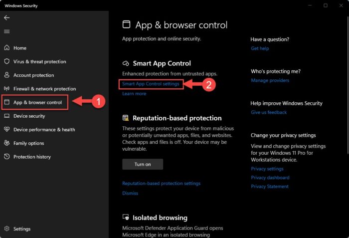 Open Smart App Control settings