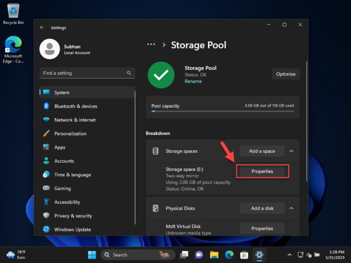 Open Storage Space properties 2
