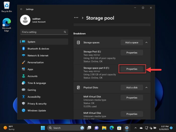 Open Storage Space properties