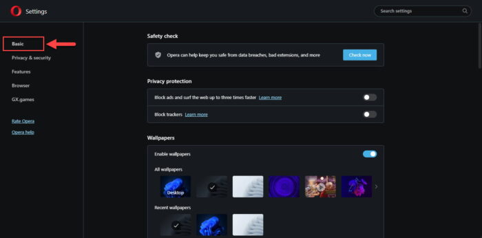 Open the Basic Opera settings
