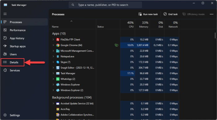 Open the Details tab in the Task Manager