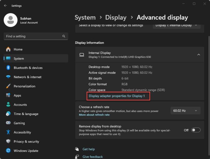 Open the display adapter properties