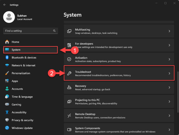 Open the Troubleshoot settings page
