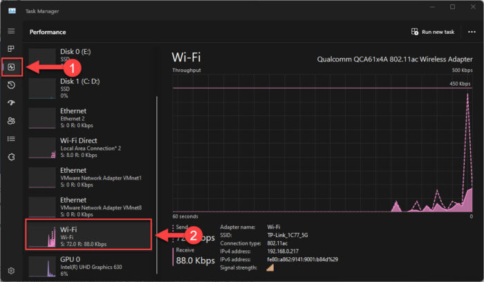 Open the Wi-Fi performance tab