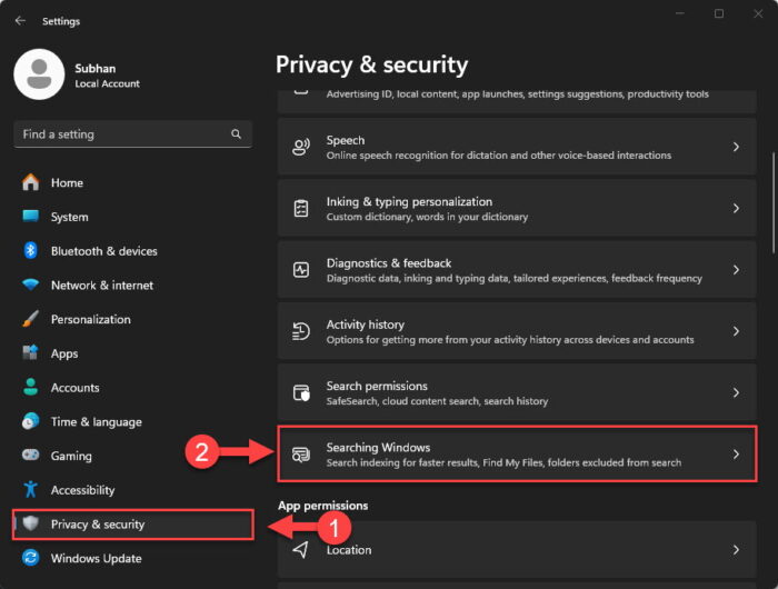 Open the Windows Search settings page