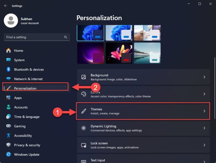 Open Themes settings