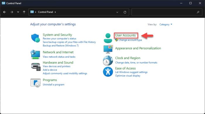 Open user accounts in Control Panel